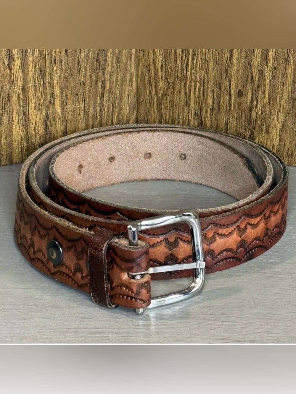 Western Tooled Brown Leather Cowboy Belt Size 45 Made In USA Scrollwork